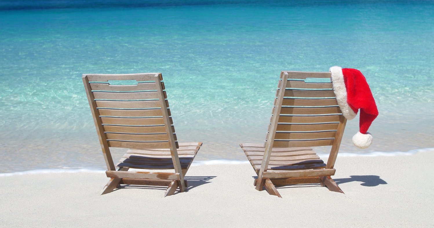 Santa hat on beach chairs on the beach